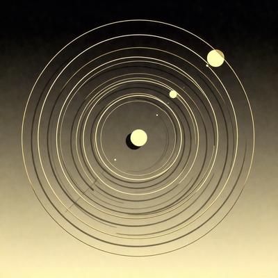 The primary subject of the image is a circle with a moon and a planet inside it. The circle is set against a black background, giving it a contrasting appearance. The visual style of the image is a combination of digital art and illustration, creating a unique and intriguing design. The dominant colors in the image are black and gold, giving it a sophisticated and elegant appearance.
